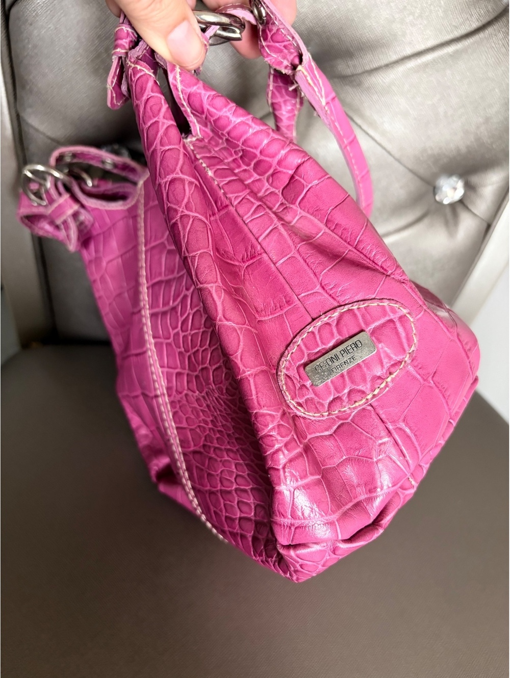Ceconi Piero Firenze Pink Croc Embossed Leather Handbag Y2K Italian